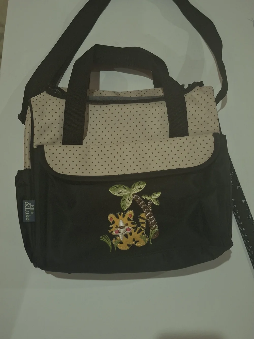 Black and Cream Polka Dot Tote Diaper Bag with Embroidered Tiger